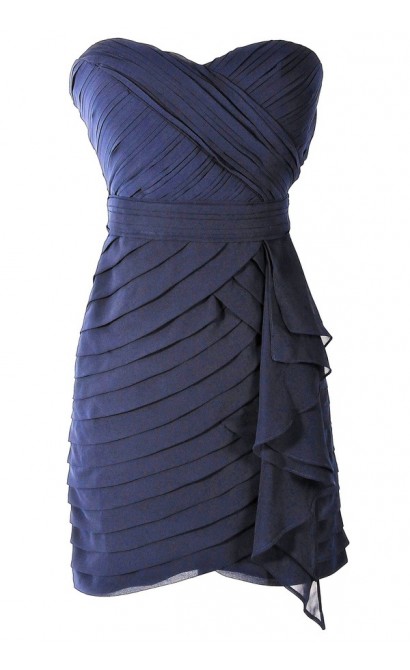 Tiered Strapless Chiffon Designer Dress by Minuet in Navy